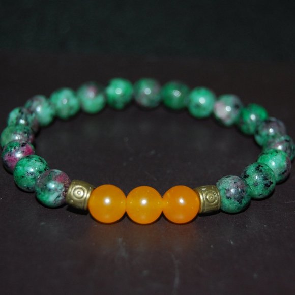 Ruby Zoisite Bracelet,8mm Gemstone Beads,Stretch Bracelet,Yoga,Green and Yellow - Picture 3 of 3